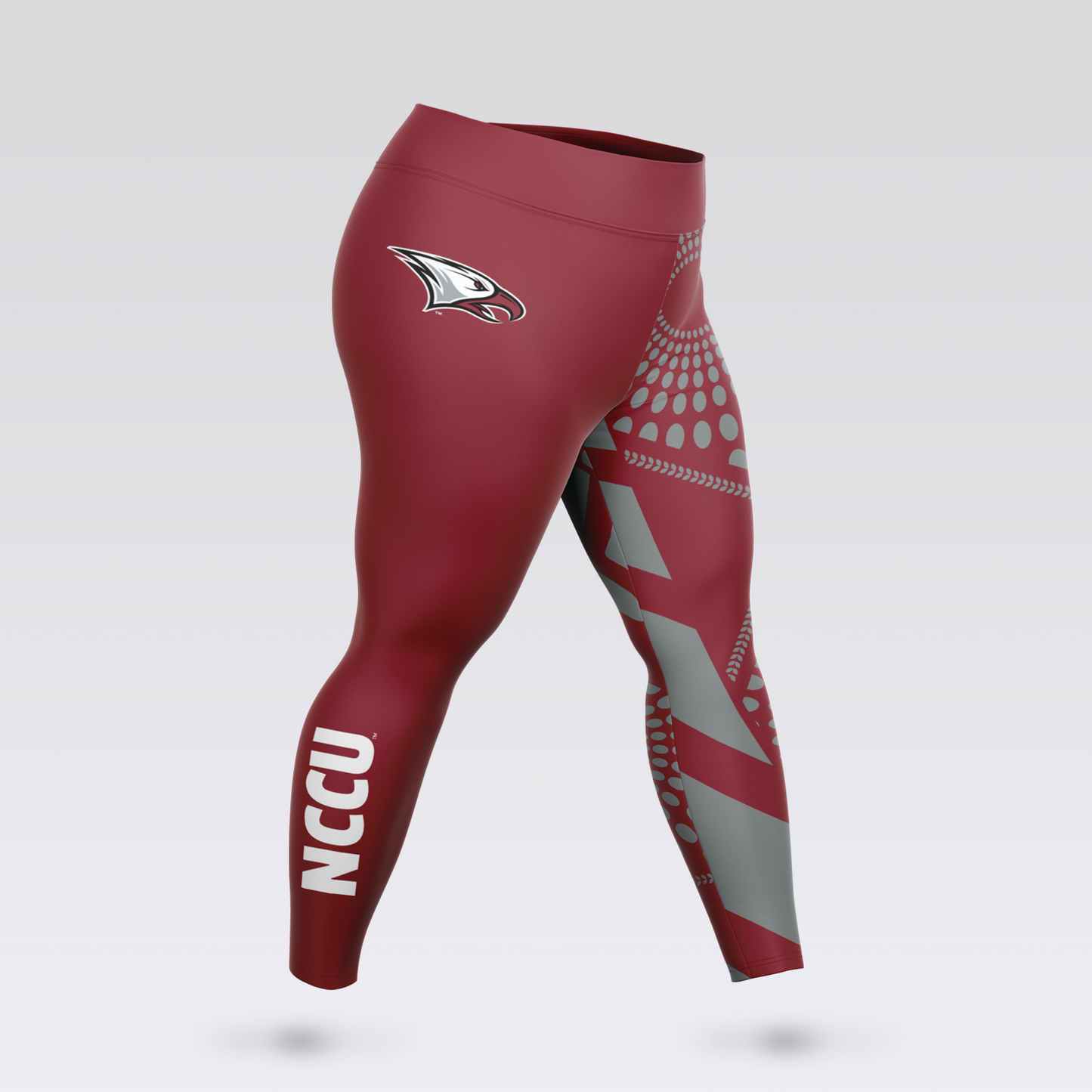 Red leggings with a logo and 'NCCU' text on a light gray background