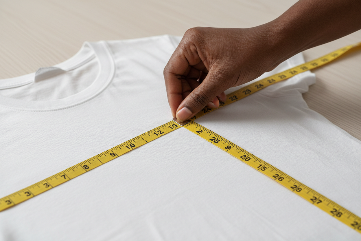 black woman's hand holding measuring tape and measuring a blank t-shirt