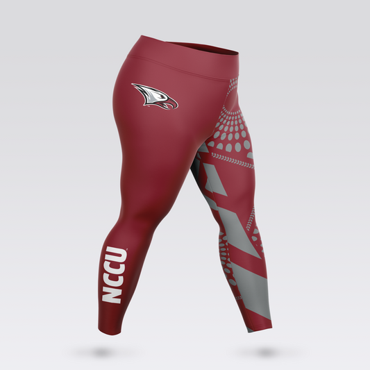 Red leggings with a logo and 'NCCU' text on a light gray background